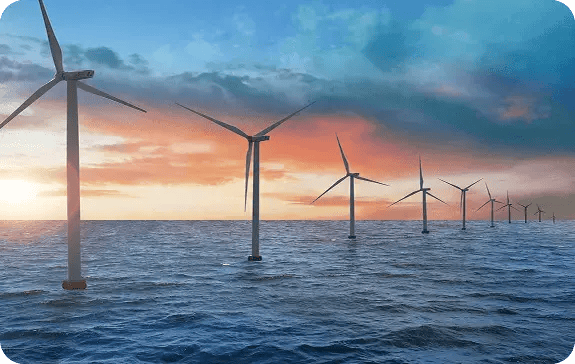 Row of offshore wind turbines in open sea with access to telehealth and FDA-cleared diagnostic devices for remote crews.